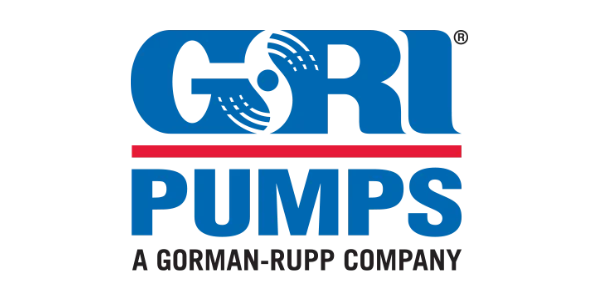 Logo of GRI Pumps featuring the company name in bold blue letters, with a red horizontal line between 
